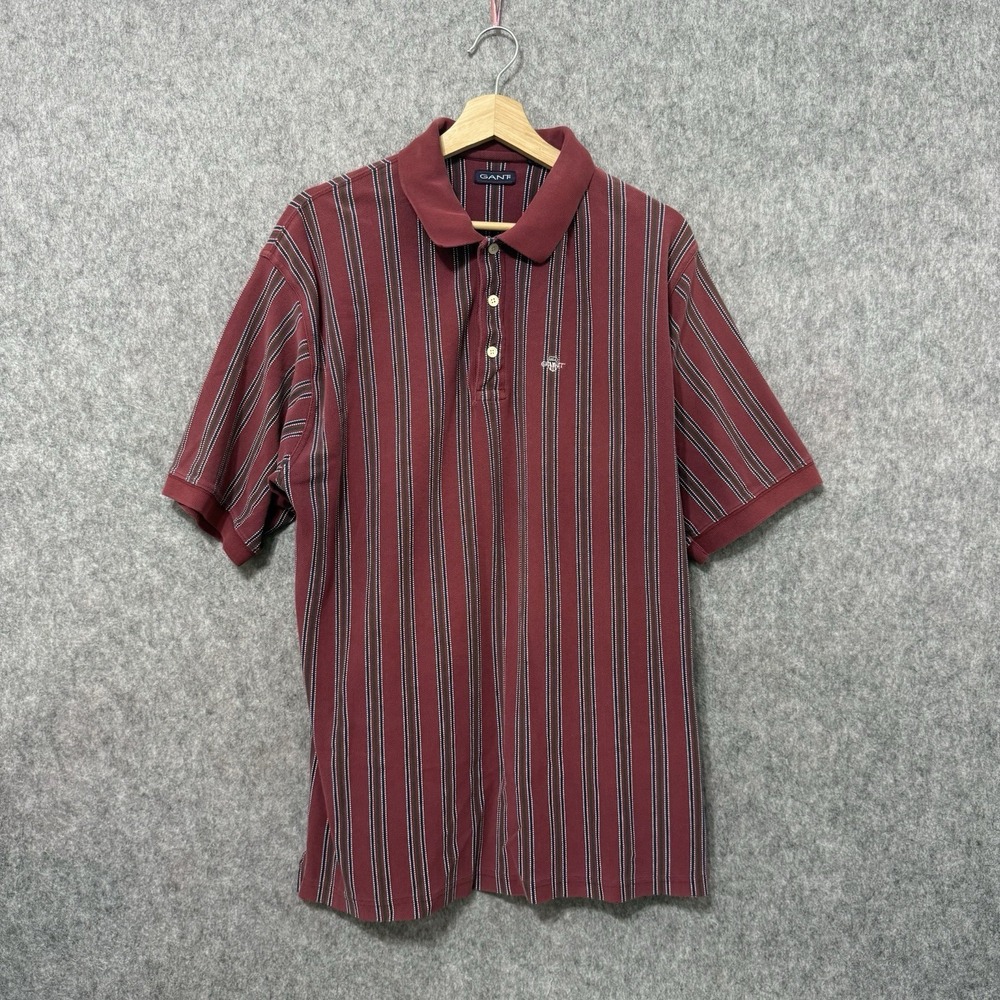 Vintage GANT Polo Shirt Men's XL Maroon Striped Short Sleeve 100% Cotton